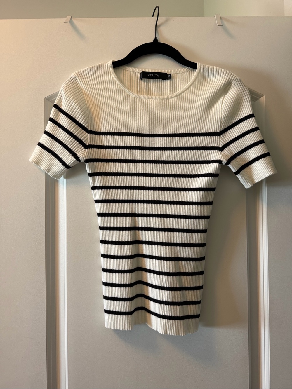 Zessica Women's White & Black Striped Ribbed Knit Top
